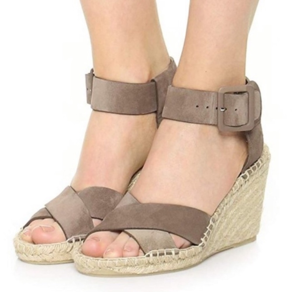 Vince Gray Taupe Suede Leather Espadrille Stefania Wedge Sandals Shoes